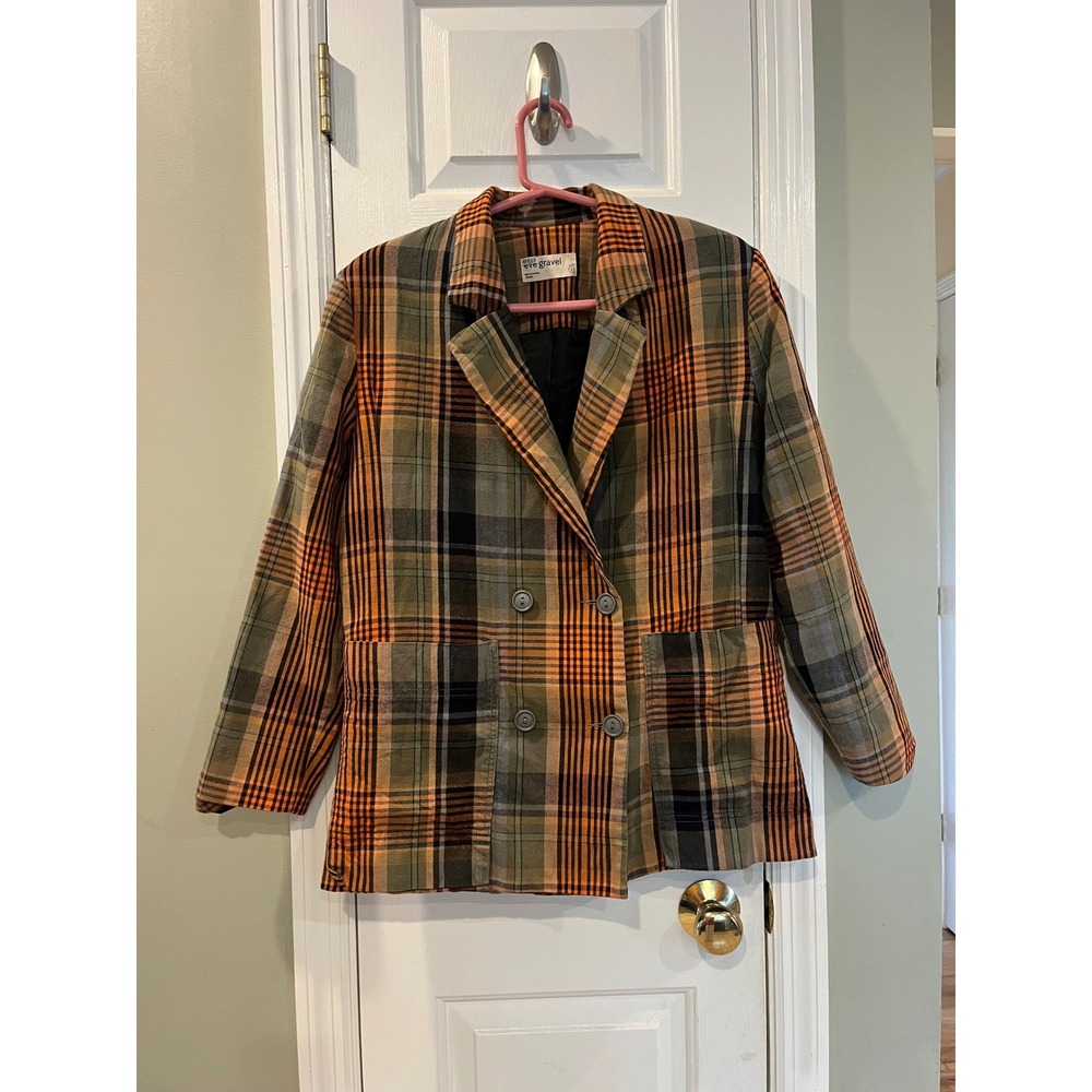 Eve Gravel Orange Green Plaid Double Breasted Blazer Jacket Montreal Size S b1‎